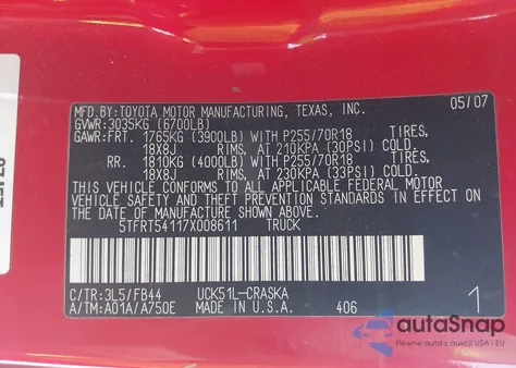 2007 Toyota Tundra Sr5 4.7L V8 z USA, uszkodzony, nr VIN 5TFRT54117X008611